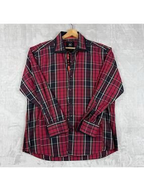 AU NOIR Button Down Shirt Mens Size 6 Red BLK Plaid  Abstract Flip Cuff Preppy